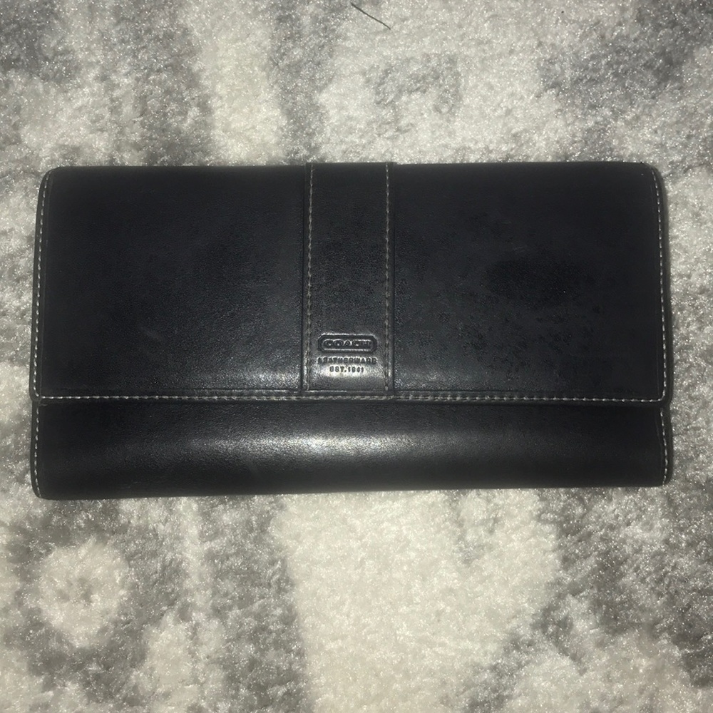 Coach Black Leather TriFold Wallet.